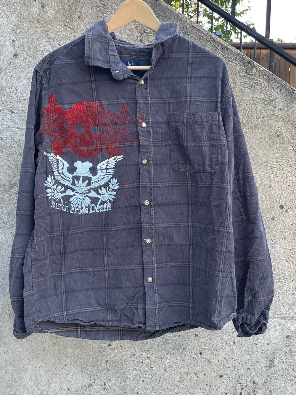 Custom screen printed streetwear plaid corduroy George button up shirt large